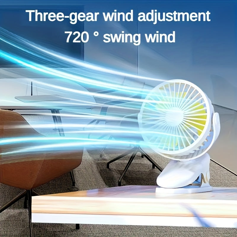 Rechargeable USB desk fan with clamp 360° rotation 3 speed long battery life