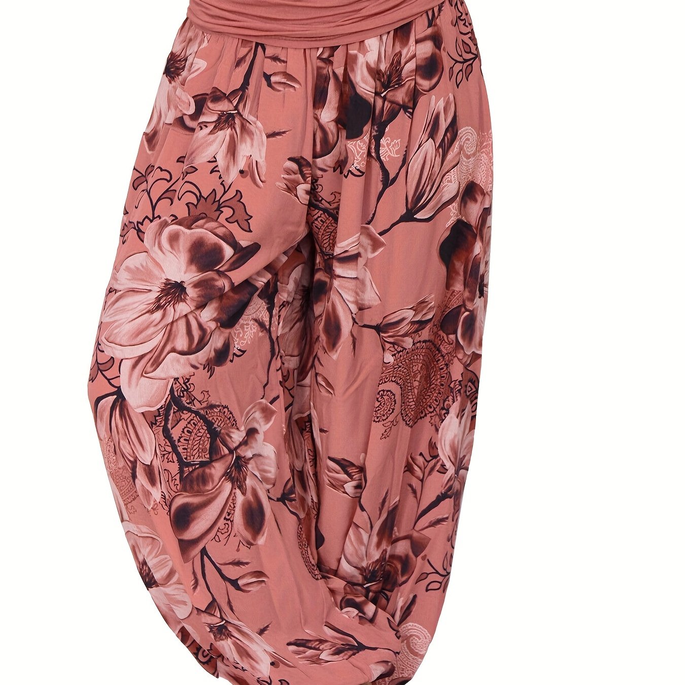 Pantalones harem de estampado floral para mujer en azul y blanco, de poliéster ligero, con pierna ancha, estilo casual para vacaciones