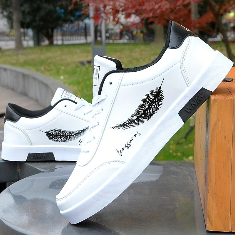 Men's White Sneakers Feather Design Non-slip Lace-up Casual Walking Jogging Travel