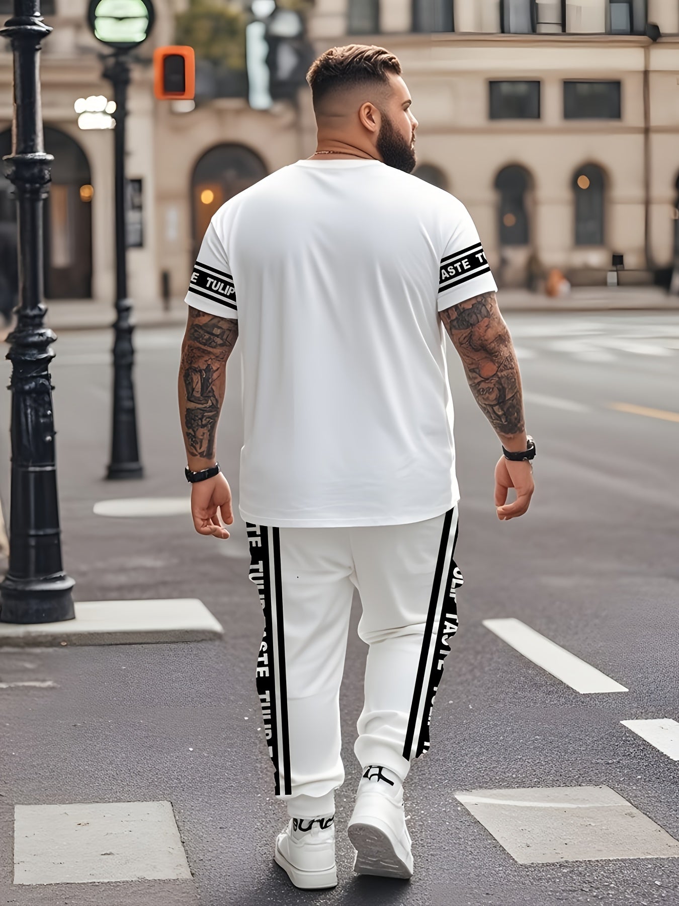 Plus Size Men's Urban Style Black and White Striped T-Shirt and Pants Set for Summer Streetwear