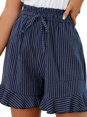 Ayollar uchun yuqori belli chiziqli keng yengli shortlar, cho'ntaklar bilan, qora va oq, yozgi ta'til