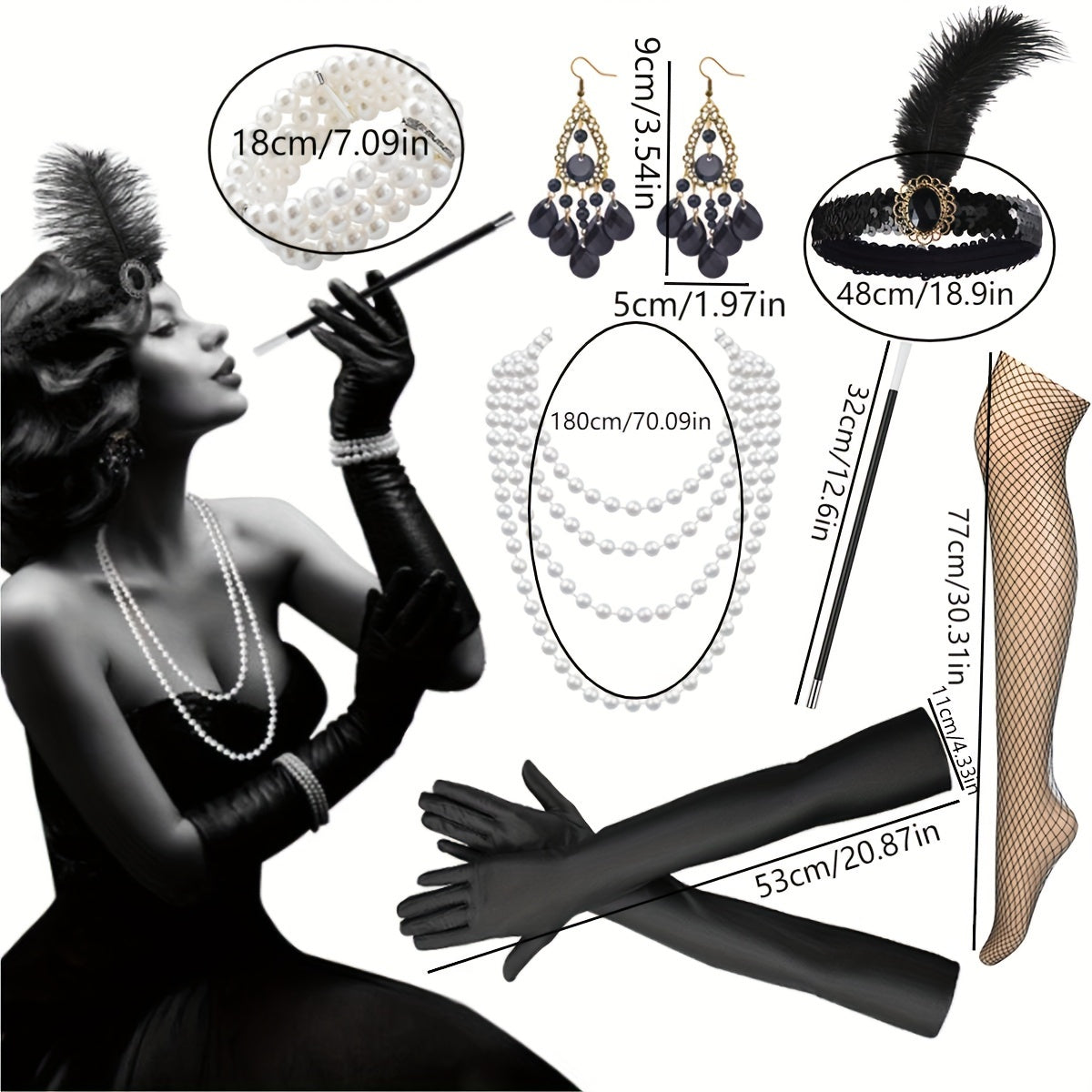 Vintage 1920s Style Jewelry Set Necklace Bracelet Earrings Stockings Cigarette Holder