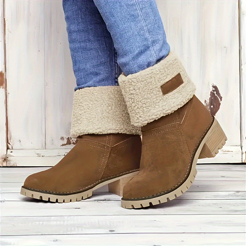 Women's Winter Ankle Boots Fleece-Lined Mid-Calf Slip-On | Warm Fabric, Rubber Sole