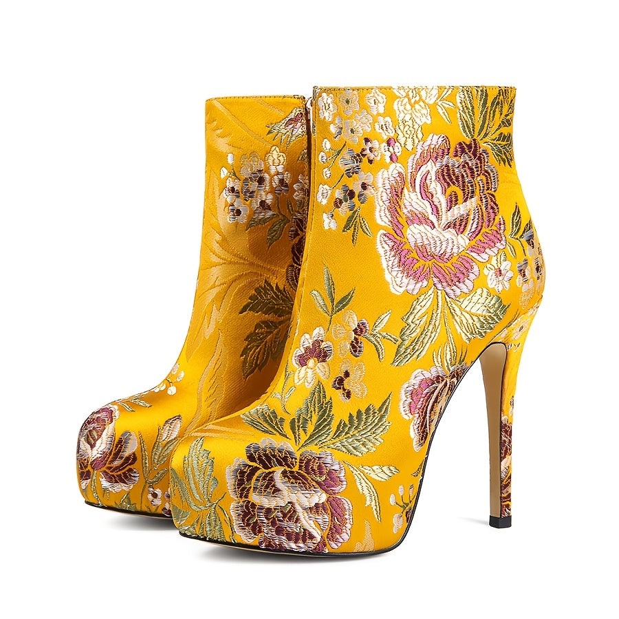 Women Floral Embroidered Ankle Boots Fabric Round Toe Zipper Heels