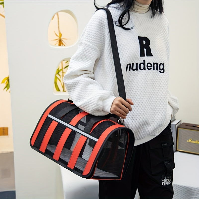 Портативная сумка для переноски домашних животных с сетчатыми окнами, прочный полиэстер, застежка на молнии, складной дизайн и плечевой ремень для путешествий с кошками и собаками.