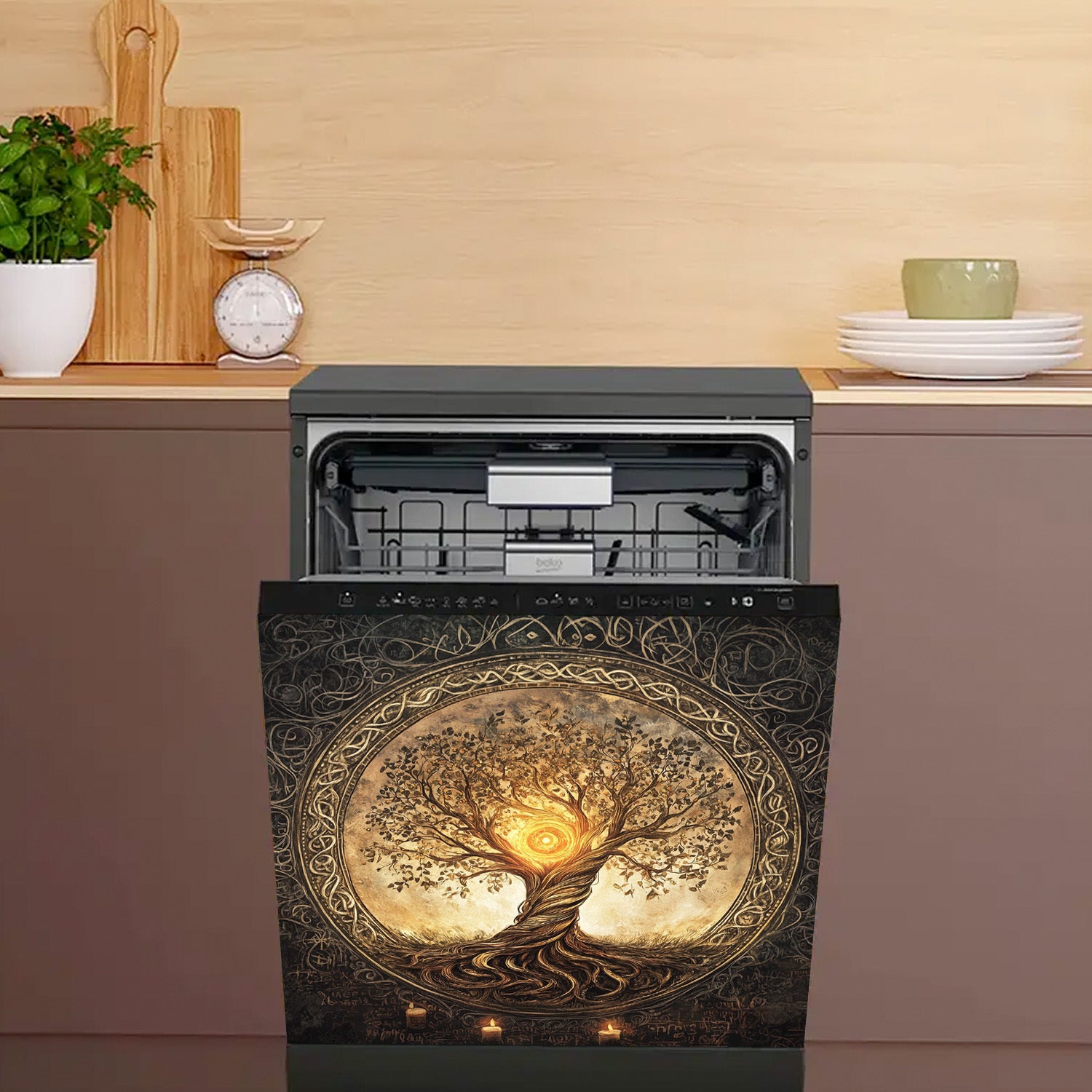 Magnitli idish-tovoq yopishqoq stiker, suv o'tkazmaydigan, issiqlikka chidamli, metall paneli, daraxt dizayni