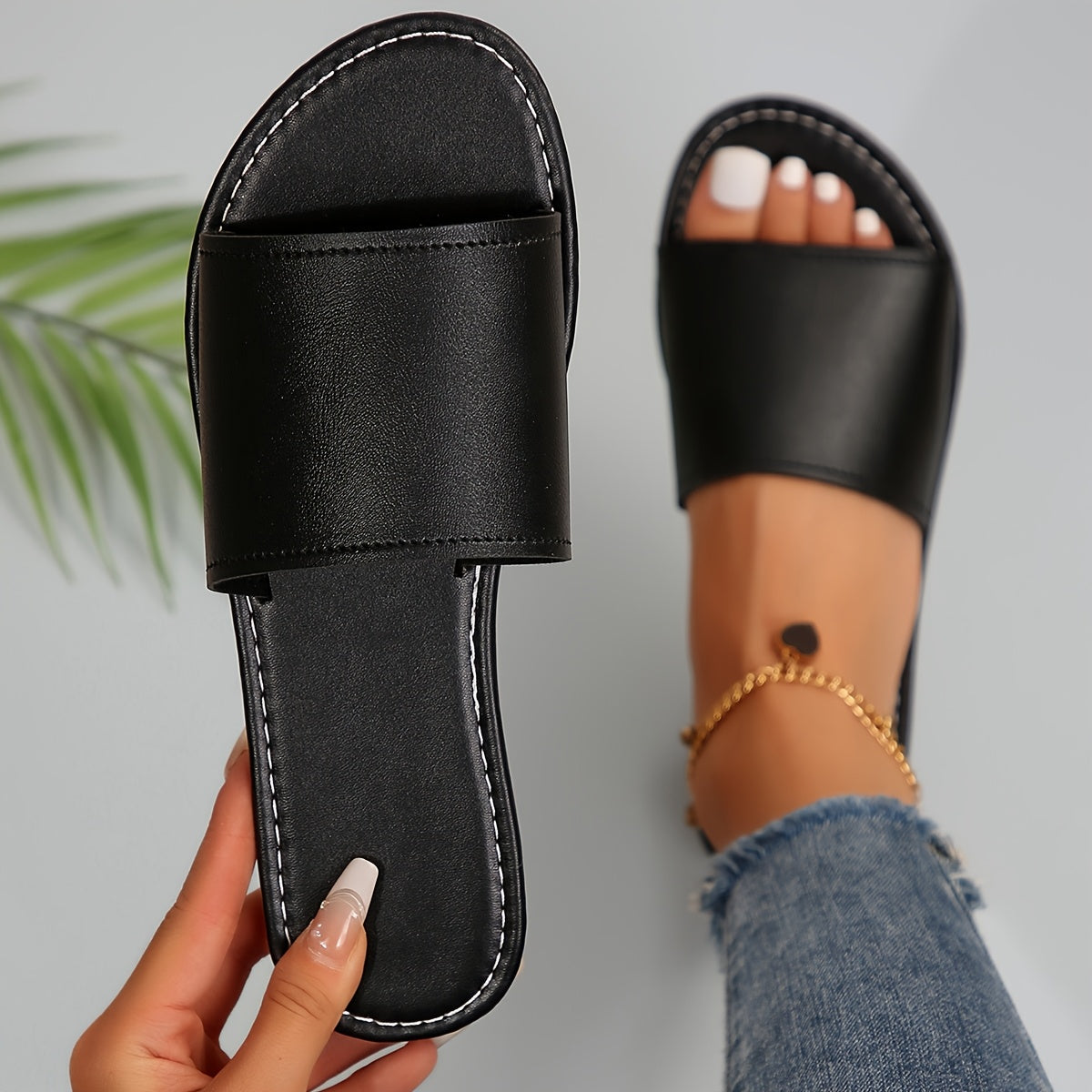 Women Flat Sandals Single Strap Black Summer Casual Flip Flops