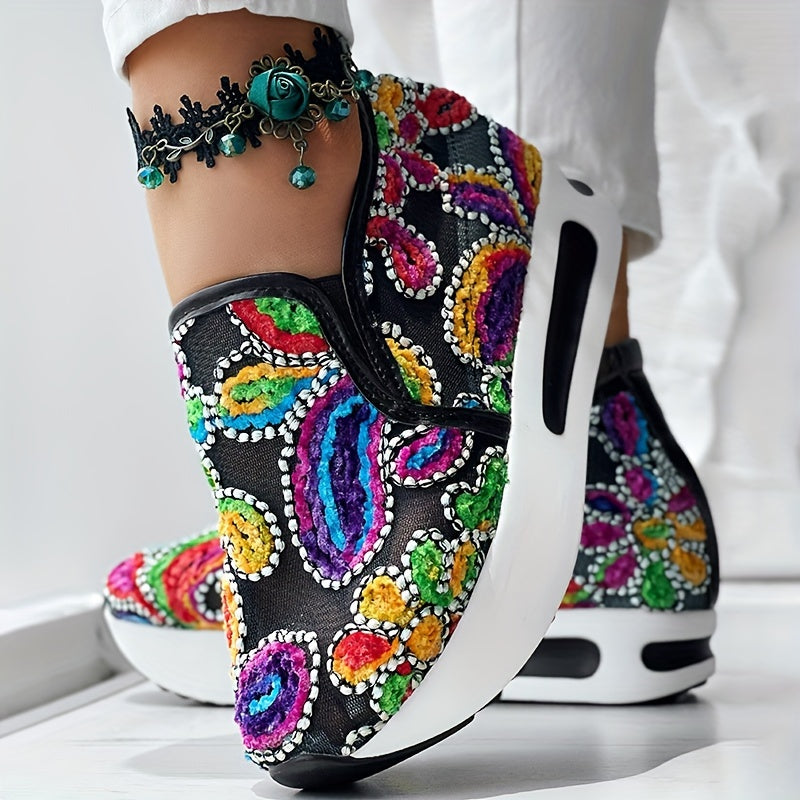 Women’s Colorful Embroidered Floral Slip-On Sneakers Breathable Fabric