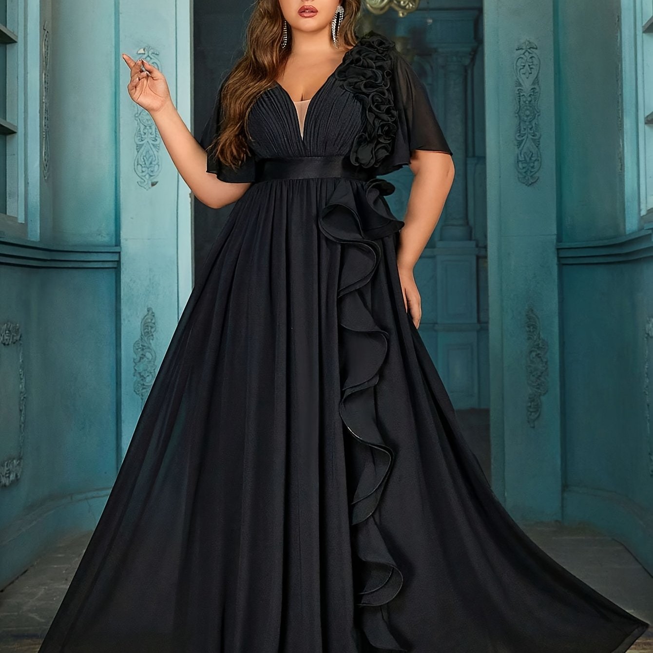 Plus Size Black Chiffon Evening Gown with V-Neck 3D Floral Ruffle Hem Short Sleeves Floor Length