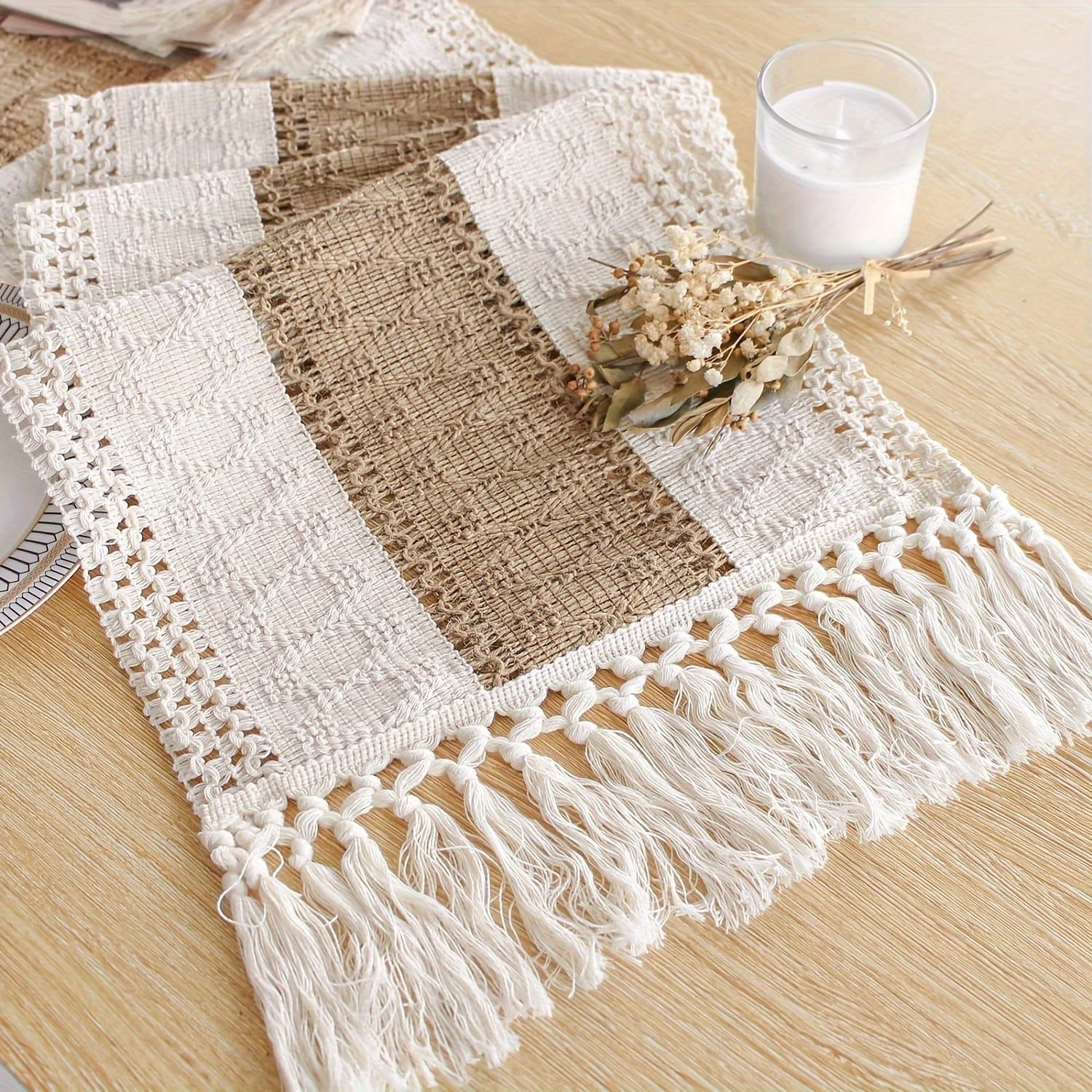Boho Farmhouse Style Polyester Table Runner with Brown Macrame and Tassels for Holiday and Wedding Decor