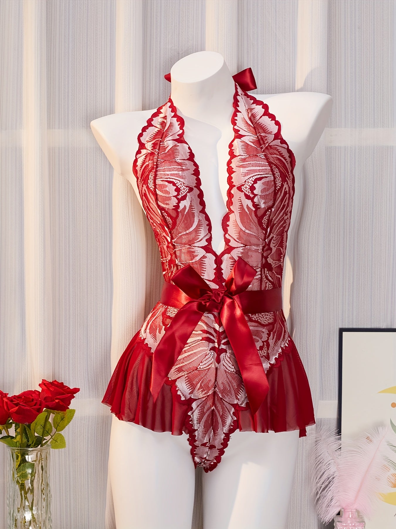 Plus Size Lace Bodysuit with Bow Detail and Floral Pattern for Women