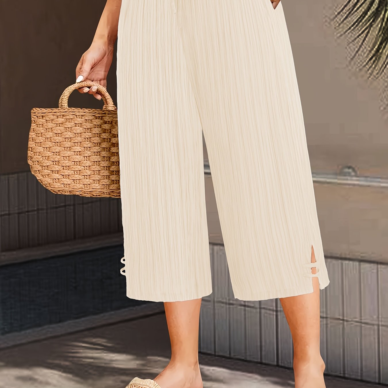 Plus Size Women's Wide Leg Pants with Pleated Stripe and Side Slit