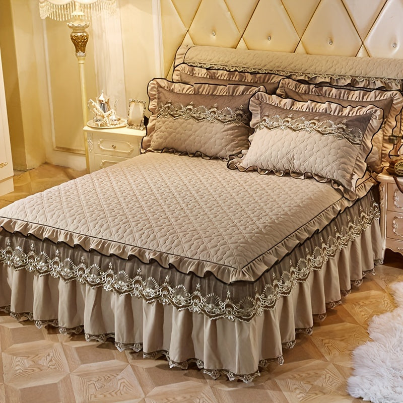 3-Piece Solid Color Quilted Love Quilt Set with Lace Bed Skirt and Pillowcases