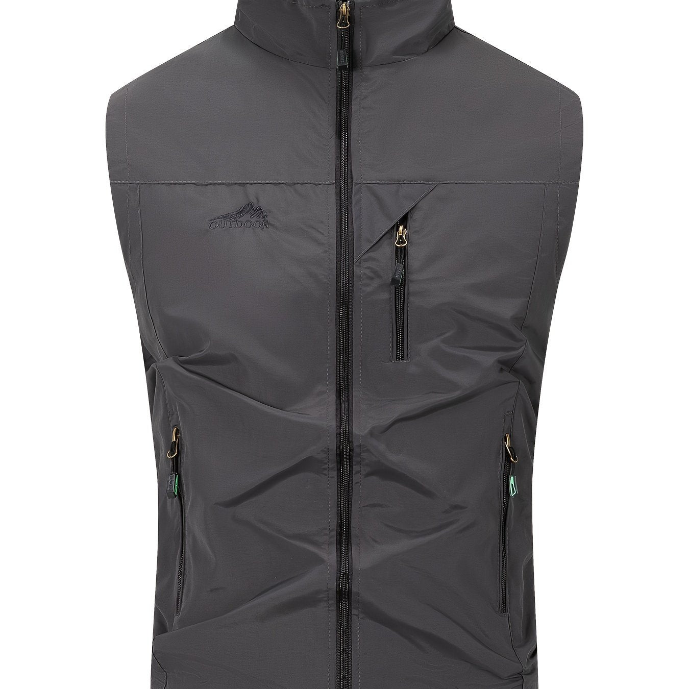 Men's Black Woven Polyester Sleeveless Vest with High Collar and Multiple Zipper Pockets for Outdoor Activities