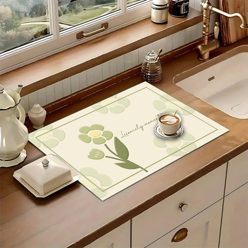 Floral Pattern Polyester Drying Mat for Kitchen Countertop Dish Draining Absorbent