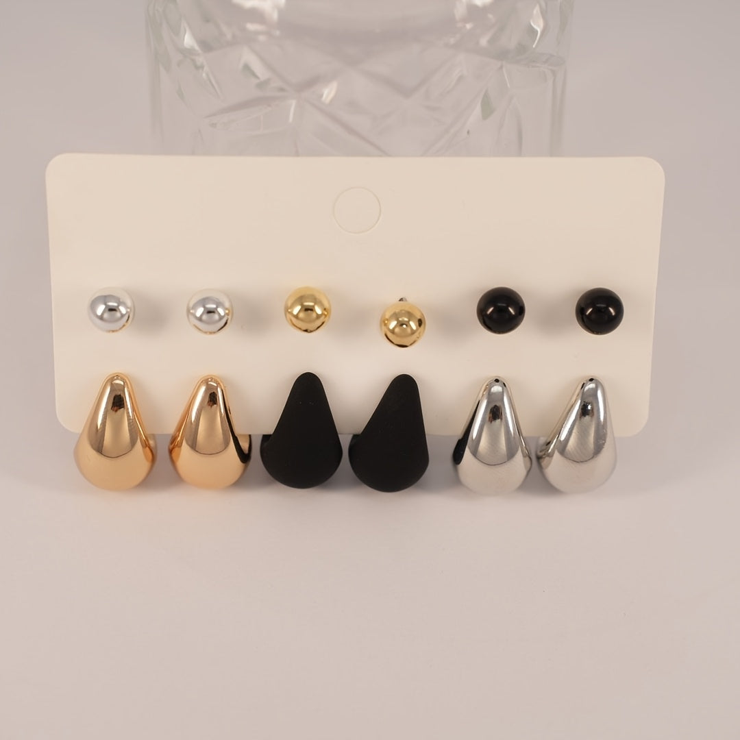 12-Piece Stainless Steel Hoop Earrings Set with Teardrop and Sphere Studs for Women