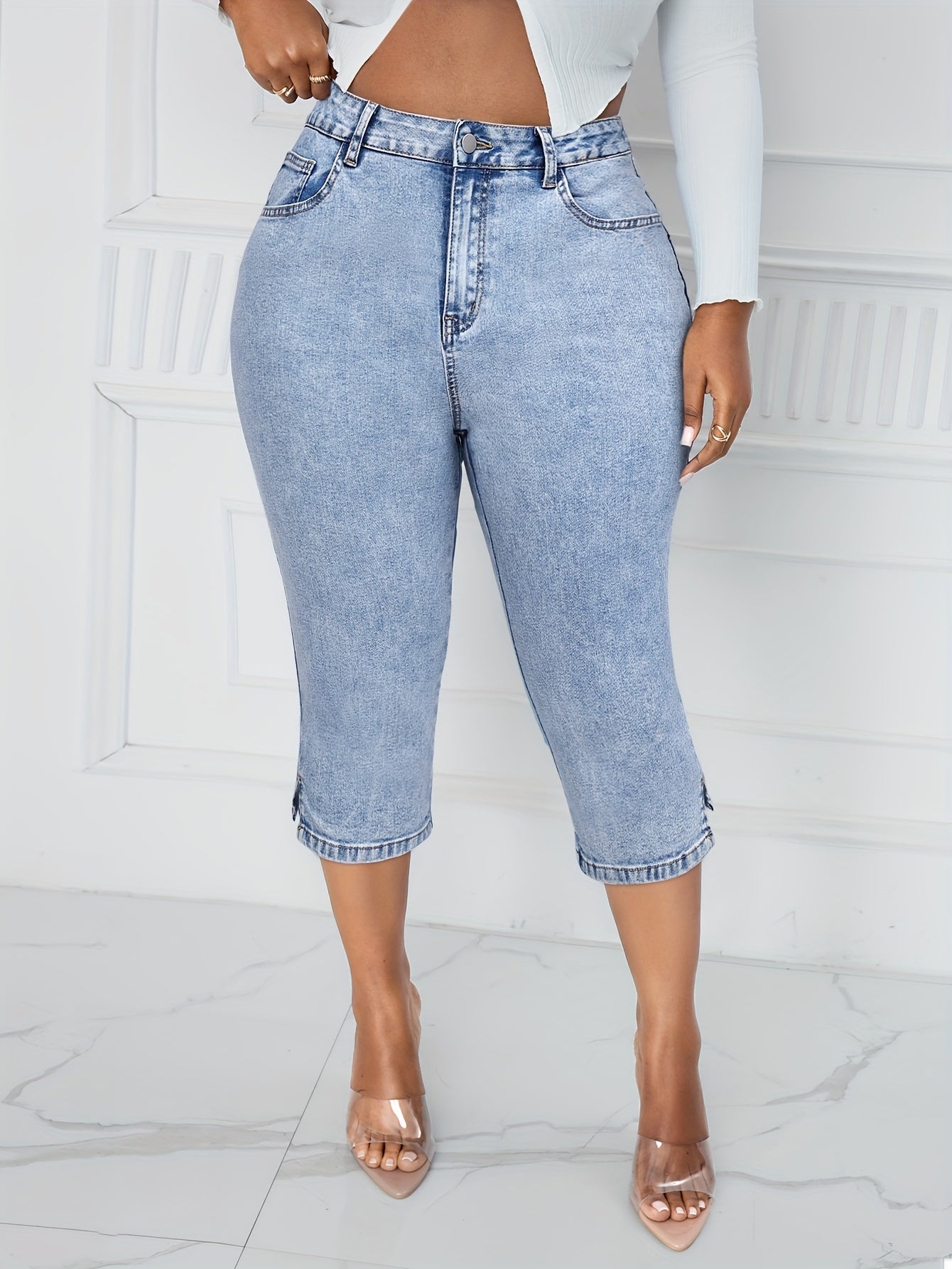 Women's High-Stretch Mid-Thigh Denim Jorts Casual Washed Blue Shorts