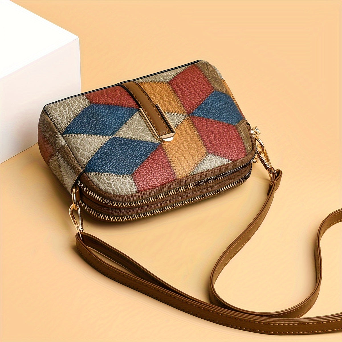 Women's Colorblock Crossbody Bag with Retro Rhombus Pattern PU Zipper Adjustable Strap