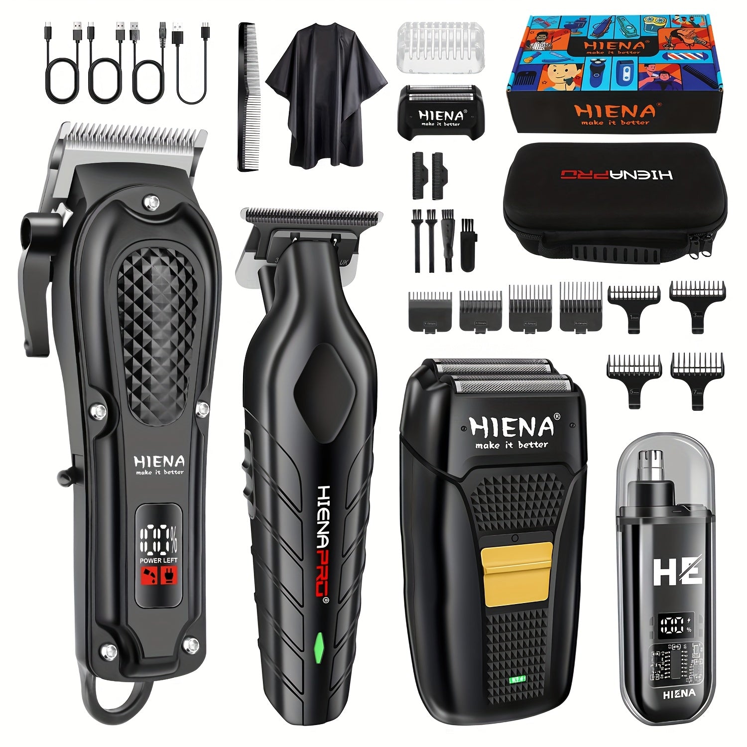 4pcs Cordless Hair Clipper Set T-blade Trimmer Nose Shaver Travel Case USB Rechargeable