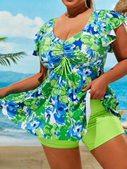 Комплект танкини с цветочным принтом для полных женщин с топом на шнуровке и боксерами