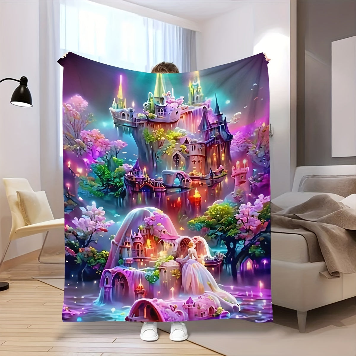 Soft Flannel Blanket Fairy Forest Night View Castle for Home Camping Office