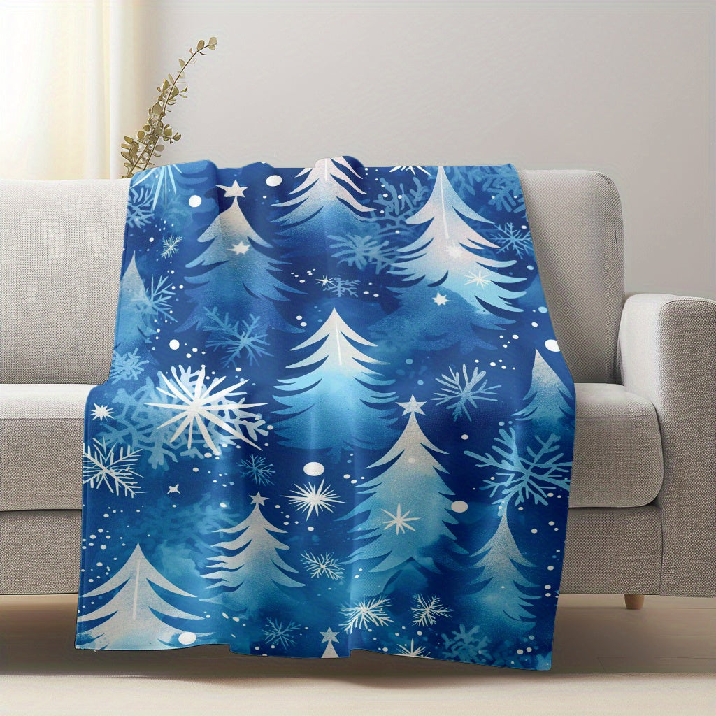 Blue Snowflake and Pine Tree Flannel Blanket Lightweight Plush Cozy for Winter