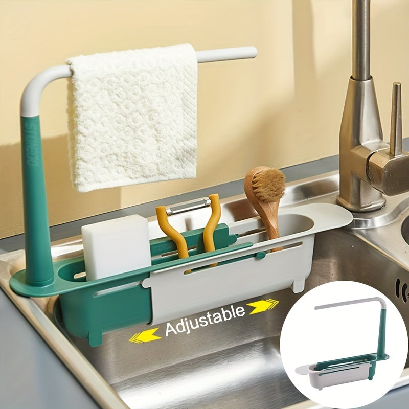 Organizador de fregadero de cocina de plástico con cesta de drenaje ajustable y soporte para paños