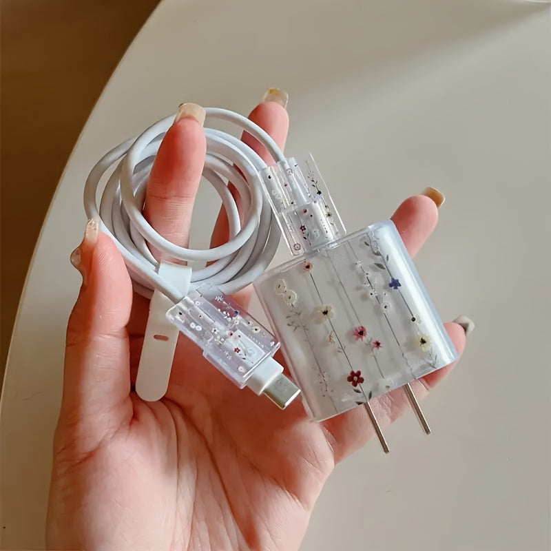 5-Piece iPhone Protective Set with Floral Pattern TPU Transparent Case Charger Cable Cases