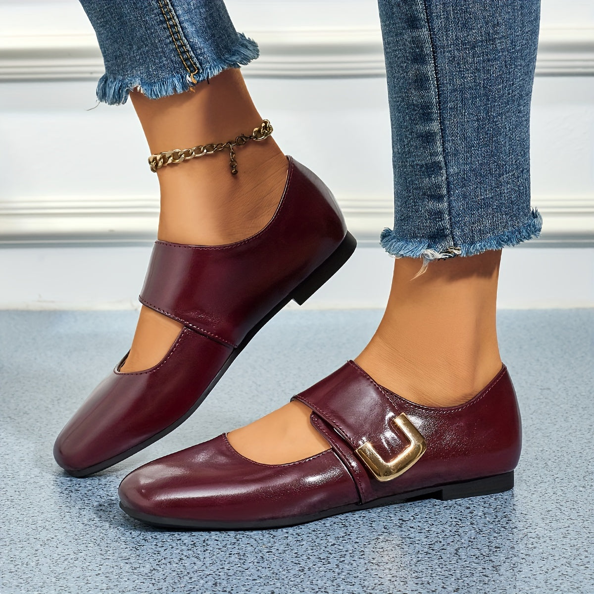 Women's Mary Jane Flats Faux Leather Square Toe College Style All-Season Non-Slip