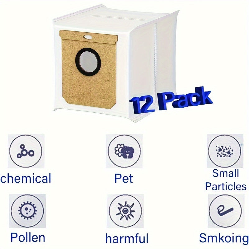 Упаковка из 12 сменных мешков для пыли для робота-пылесоса eufy L60 SES/L50 SES Hybrid с автопустой станцией, совместима с пылесосами Haier H9+ и Conga 9090 AI, включает в себя насадку для протирки из ткани.