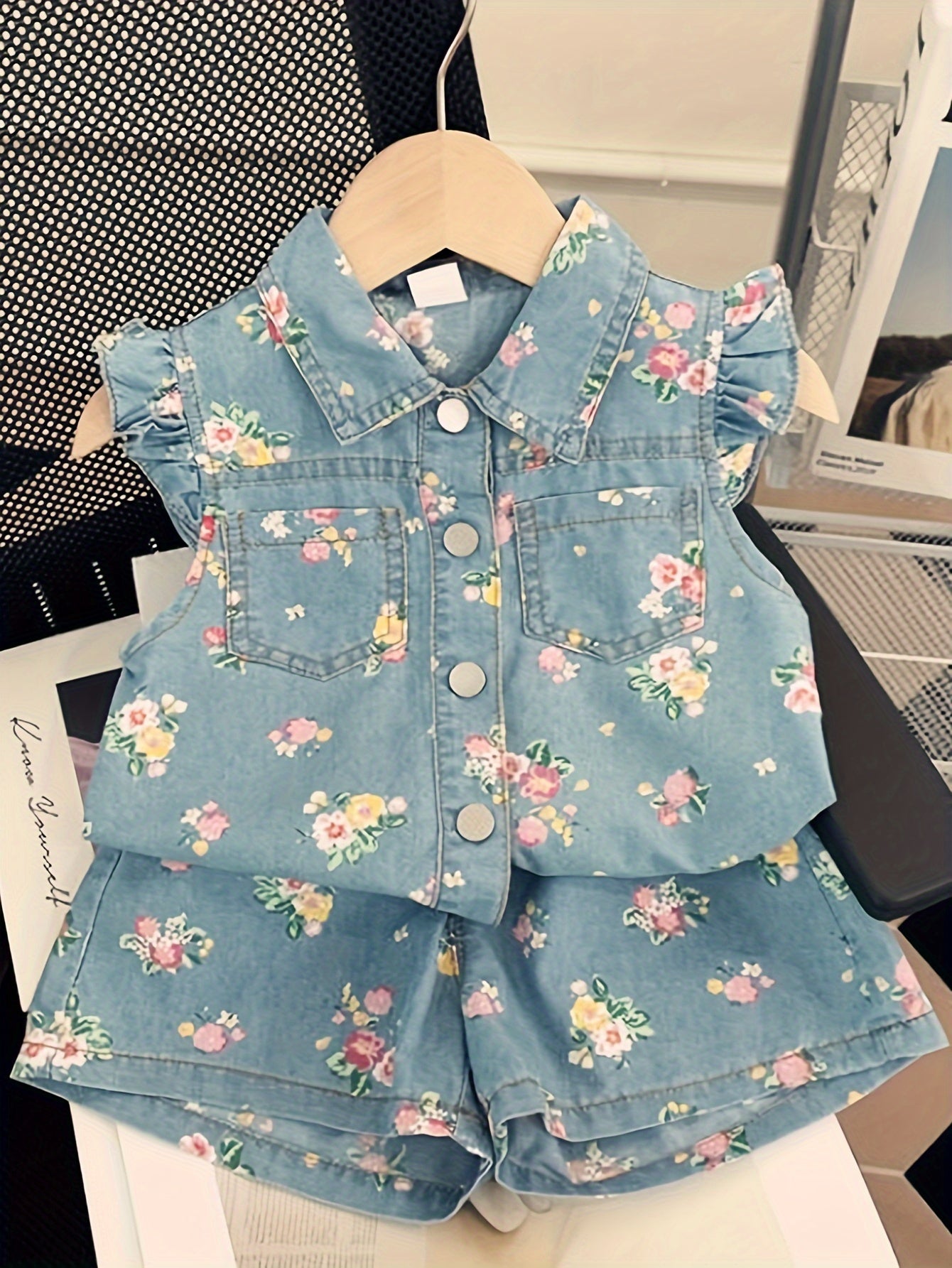 Kids' Denim Outfit Set with Floral Print Short Sleeve Top and Shorts for Toddlers and Children 3-8 Years