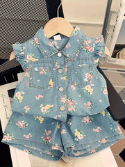 Kids' Denim Outfit Set with Floral Print Short Sleeve Top and Shorts for Toddlers and Children 3-8 Years