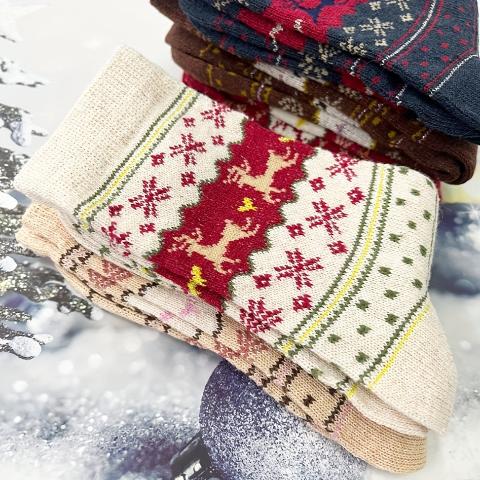 Women's Christmas Reindeer Snowflake Cozy Thick Socks Set of 3 in Mixed Colors