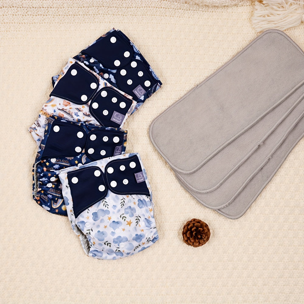 4 ta suv o'tkazmaydigan, yuviladigan mato pampers to'plami, 4 ta 3-qavatli mikrofiber singdiruvchi qo'shimchalar bilan birga.