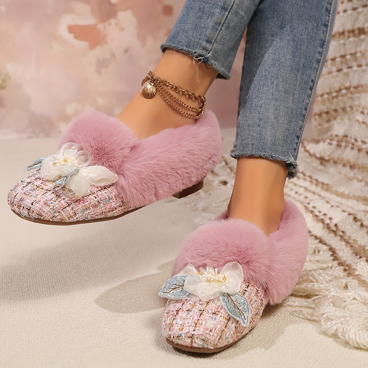 Women's Fleece-Lined Slip-On Flats with Bowknot Square Toe Indoor Outdoor Shoes