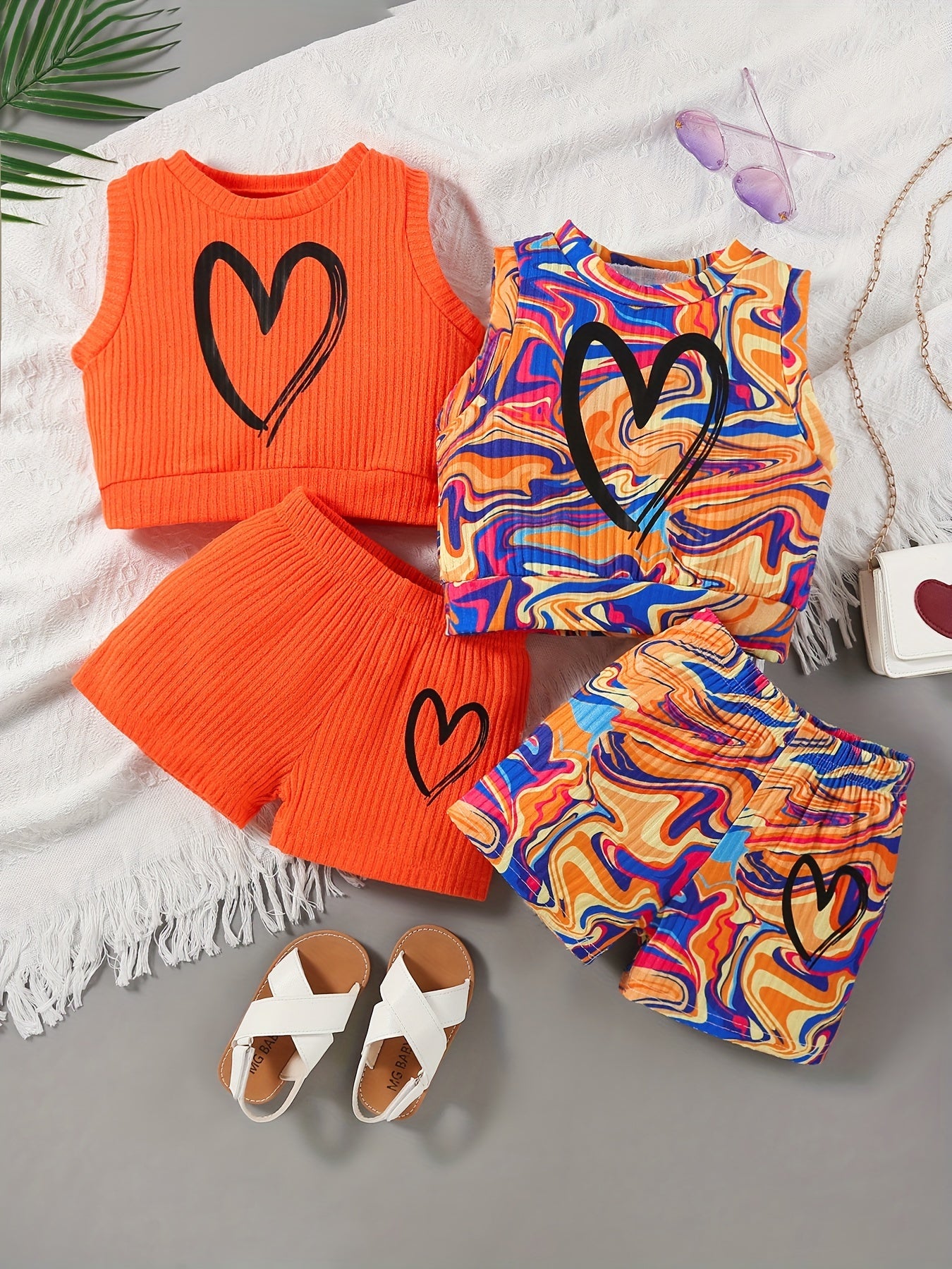 Girls Summer Outfit Set 4 Pieces Heart Print Tank Top and Shorts Polyester Knit Casual