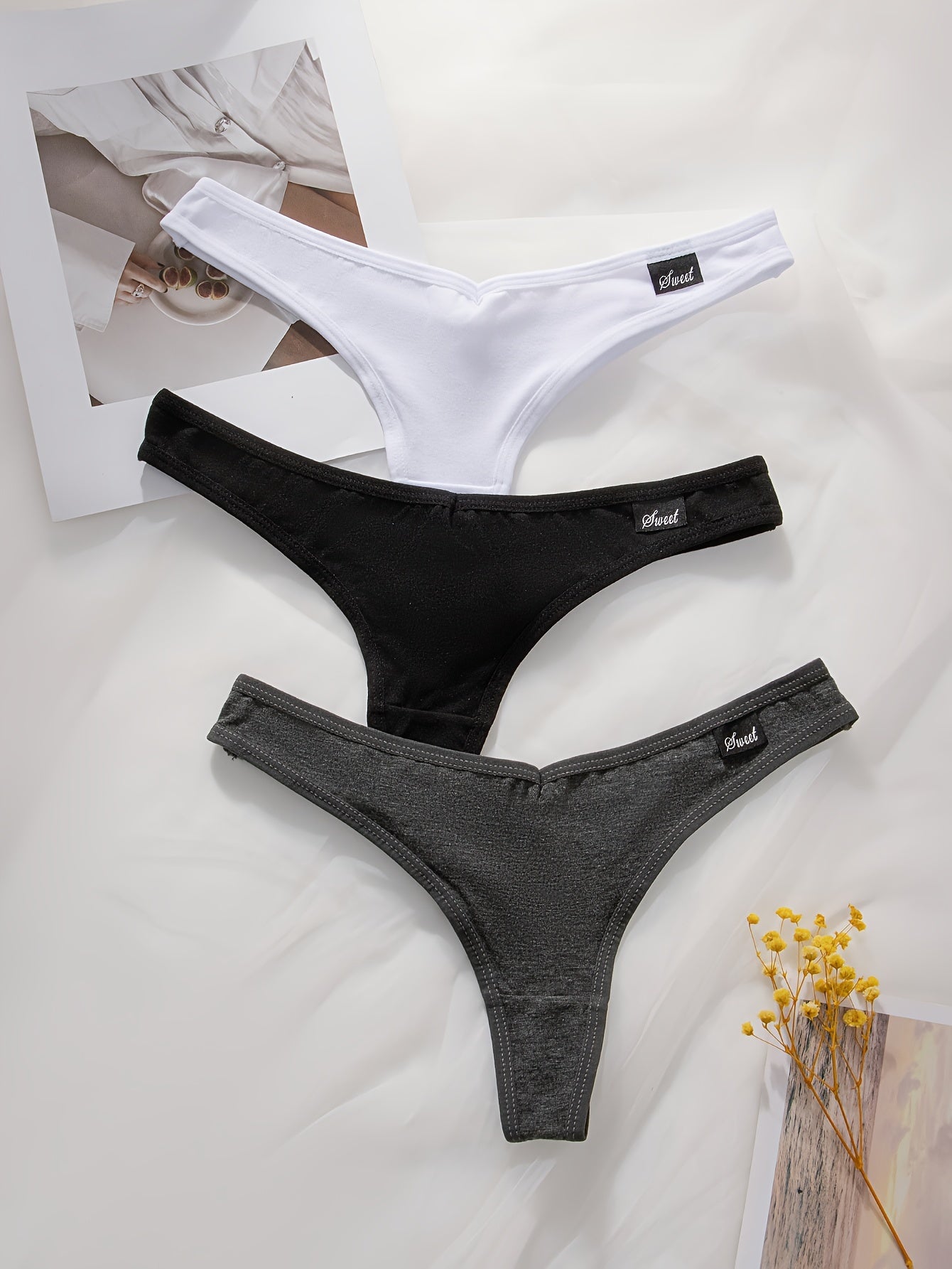 Women's Thongs 3-Pack Solid Label Patched Comfortable Stretchy Panties