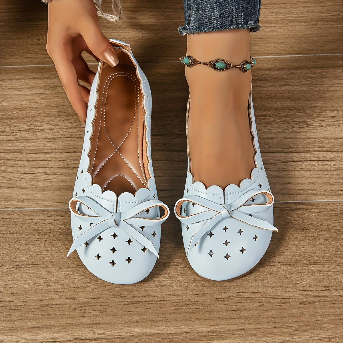 Women's All-Season Ballet Flats Breathable Slip-On Shoes with Bow Accents