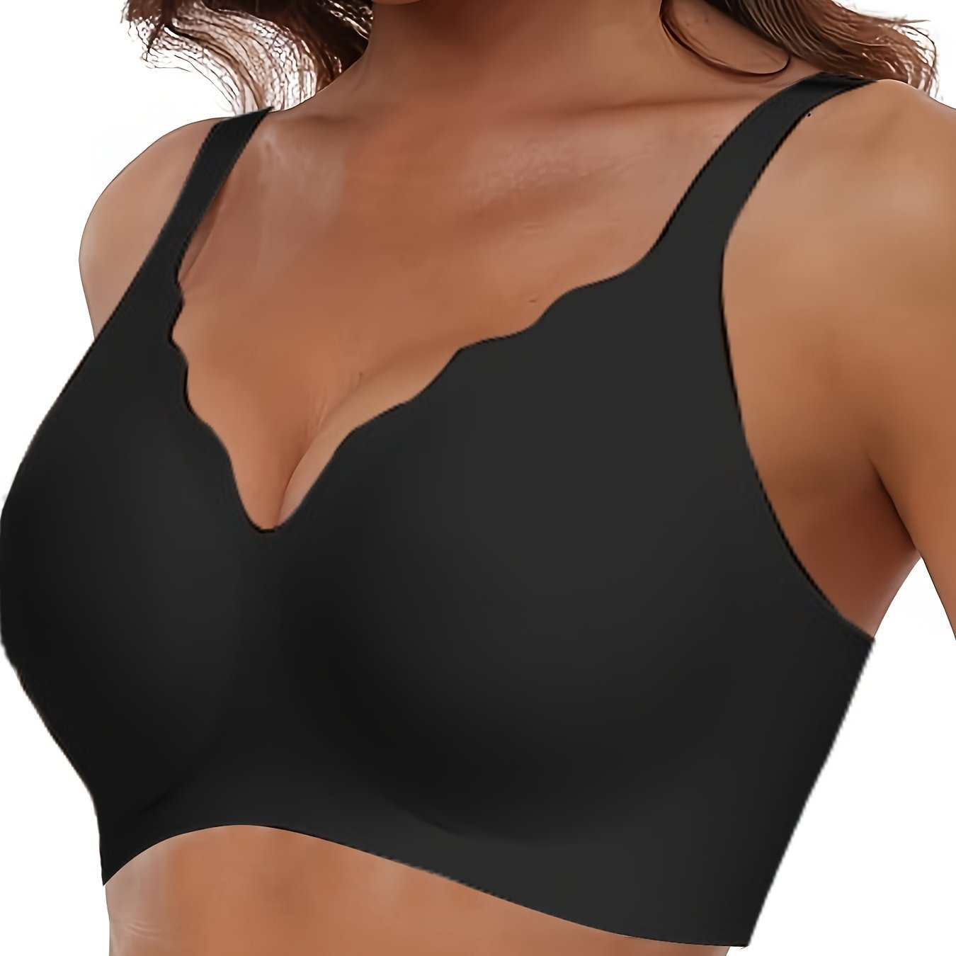 Wireless Seamless Push-Up Bra with Deep V-Neck and Scalloped Design for Comfort