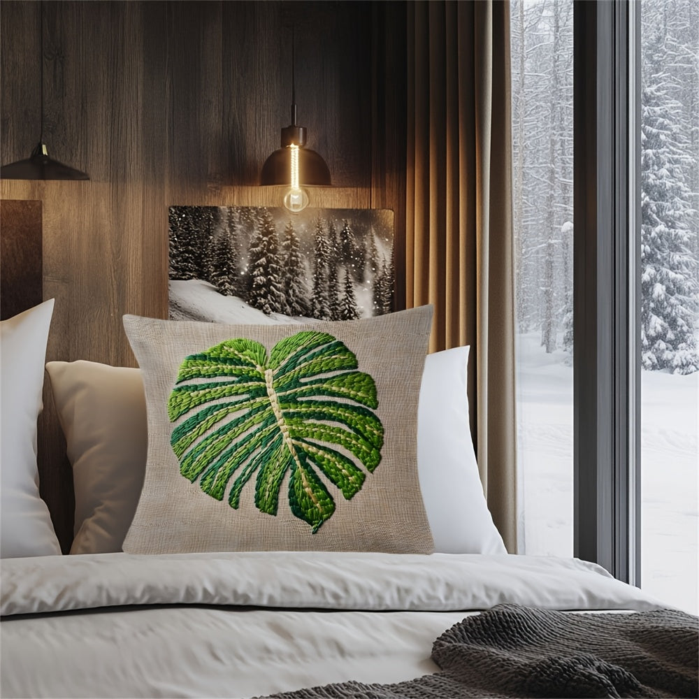 Monstera Leaf Pattern Pillow Cover 45cm Square Polyester Two-Sided Print Decorative Cushion Case