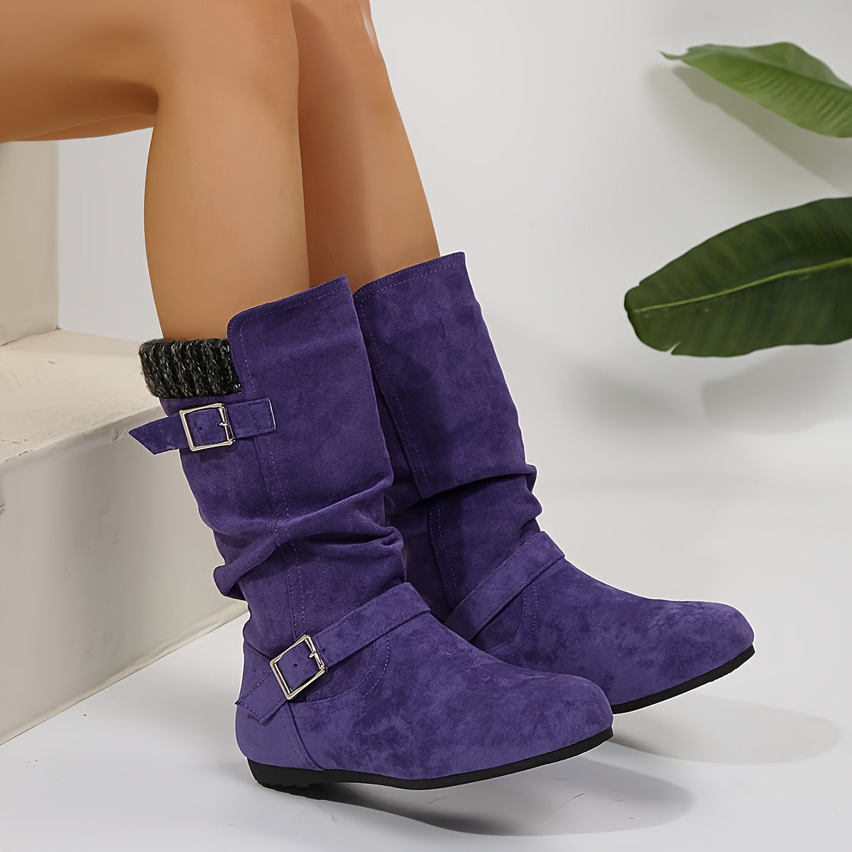 Women's Purple Slouchy Boots with Metal Buckles Flat Heel Casual Wear