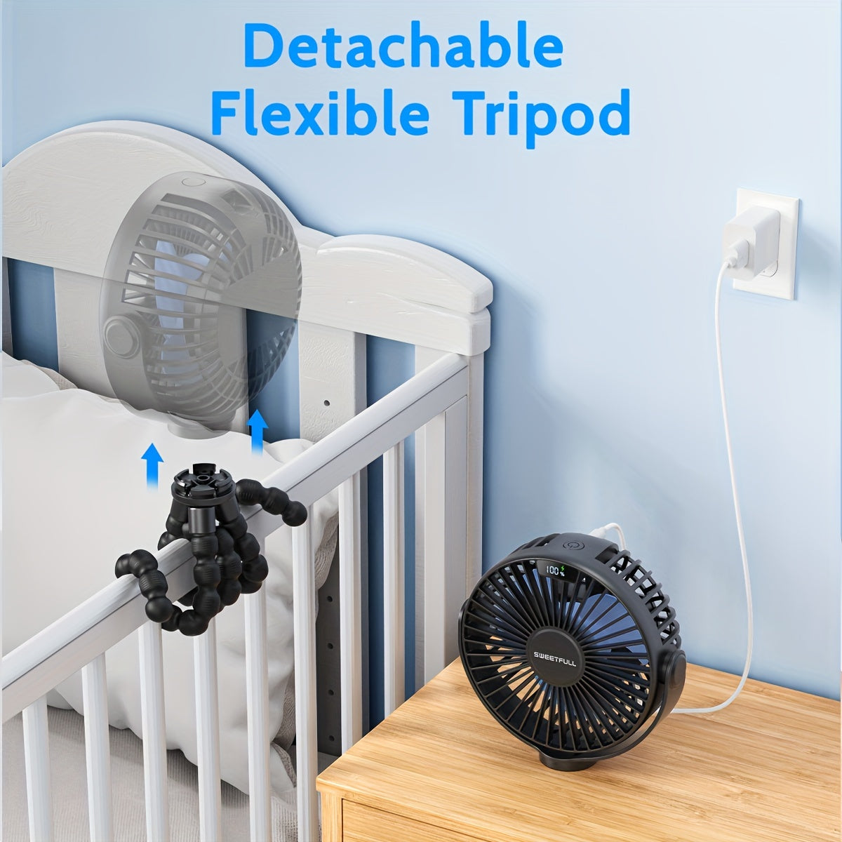 SWEETFULL Портативный вентилятор для коляски с LED-дисплеем, мини-вентилятор с 4 скоростями и перезаряжаемой батареей для личного охлаждения в пути.