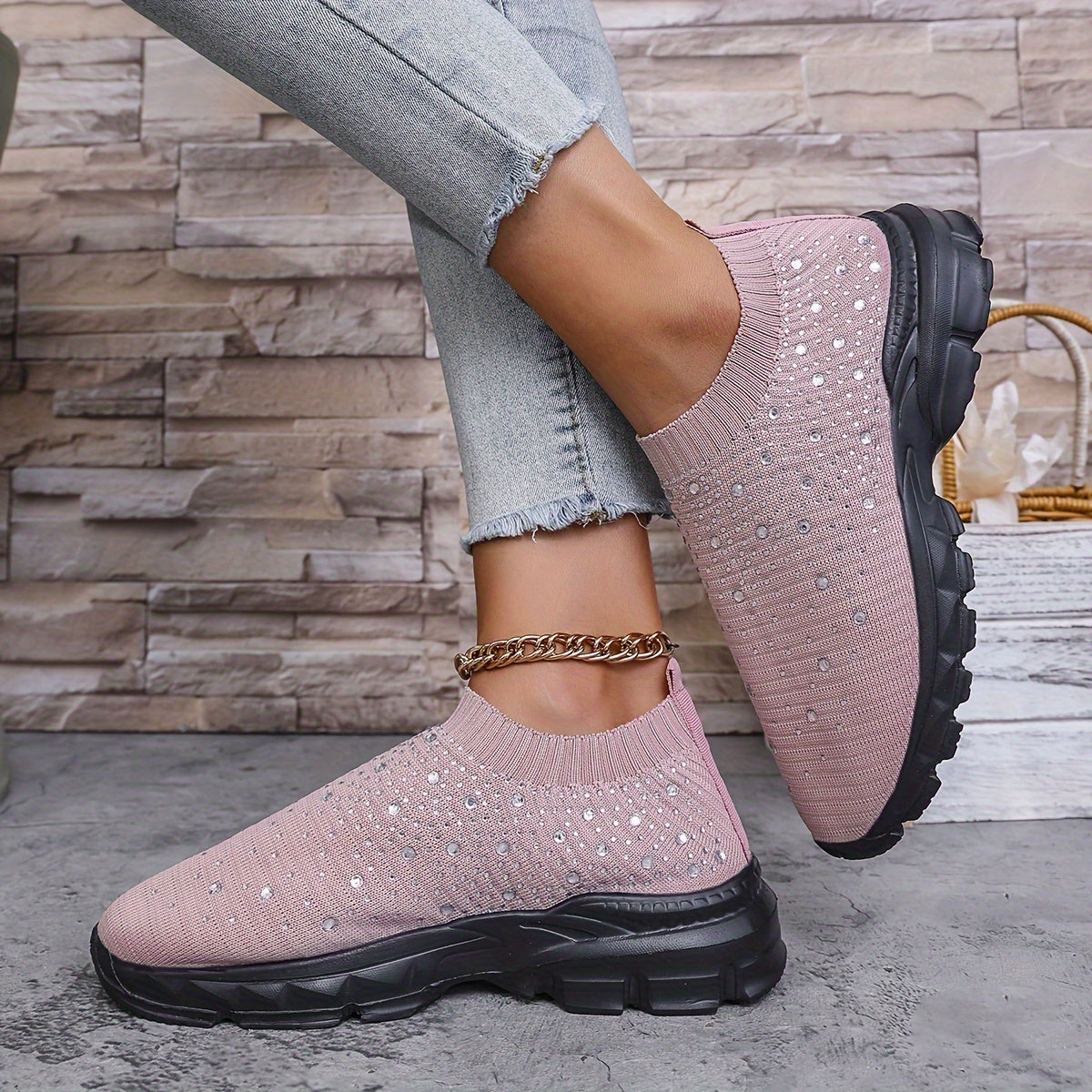 Women's Slip-On Sneakers with Rhinestone Embellishments Fabric Upper EVA Sole