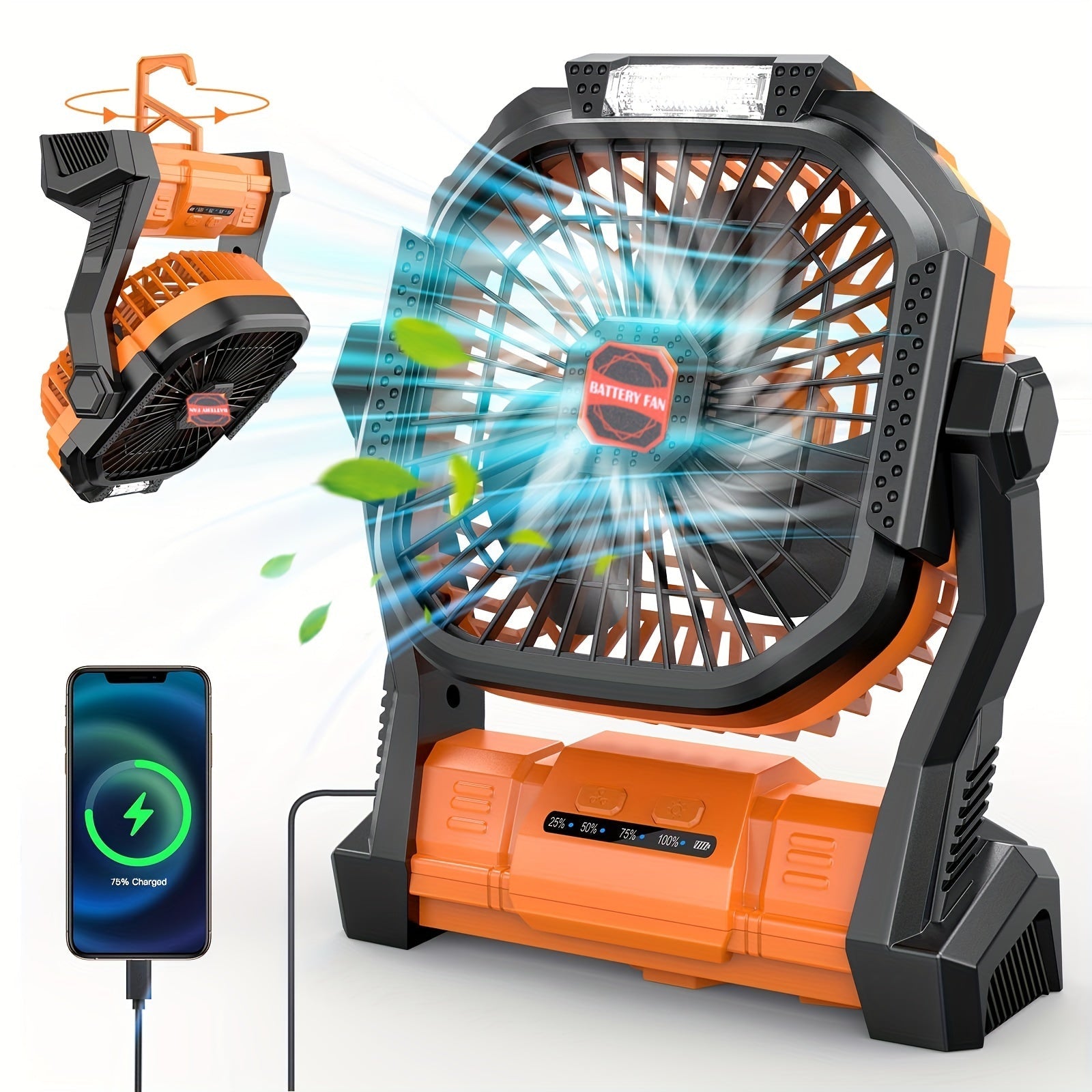 Portable Personal Fan with LED Light and Hook, USB Rechargeable, 4 Speeds