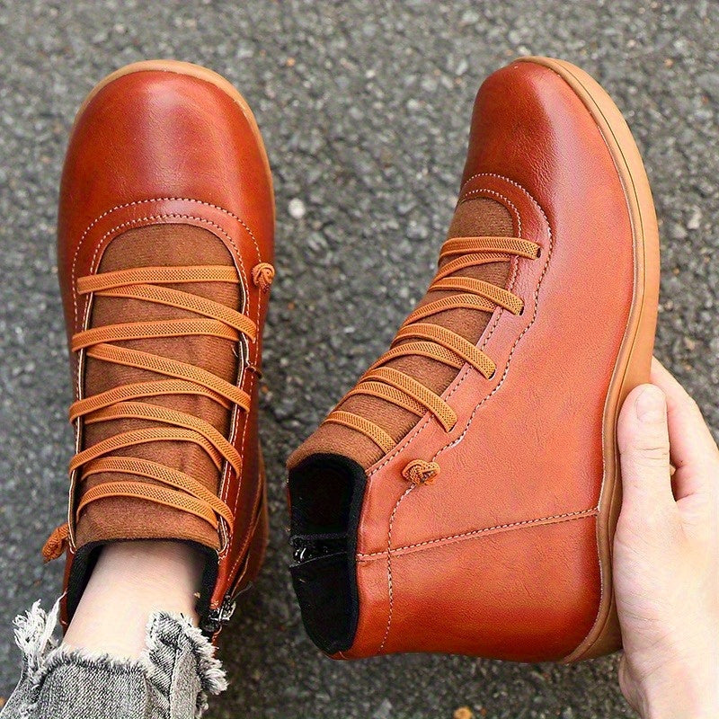 Women's Casual Ankle Boots Brown PU Low Heel Round Toe Lace-Up