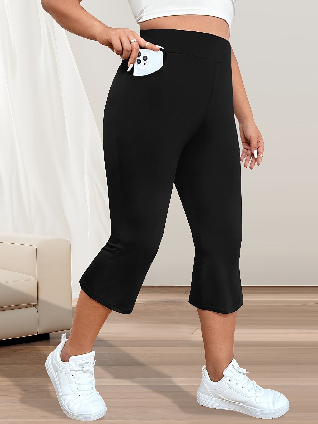 Women Plus Size High-Waist Flare Pants Stretch Fabric Pockets Blue 7/8