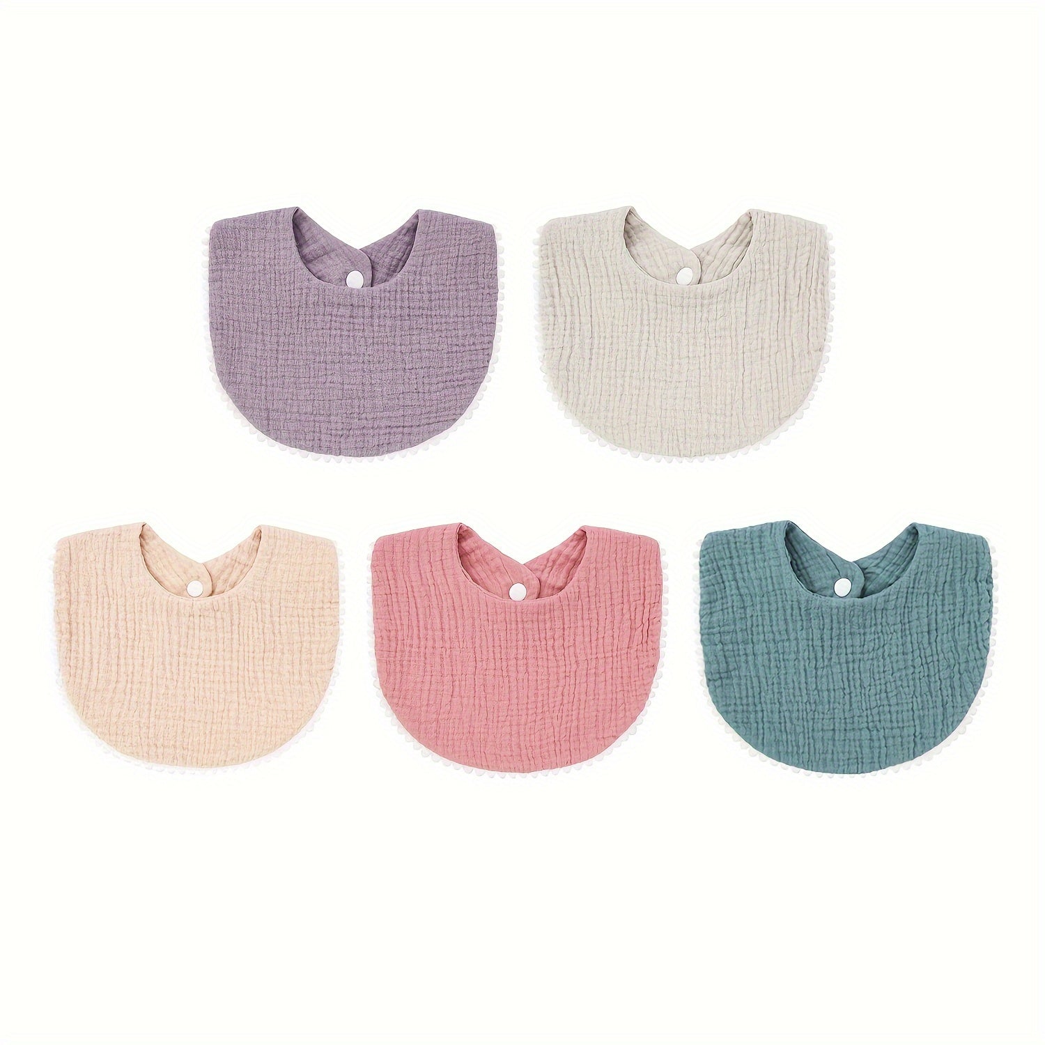 Set of 5 Baby Muslin Bibs with Pom Pom Accents Soft Adjustable Drool Bibs for Infants