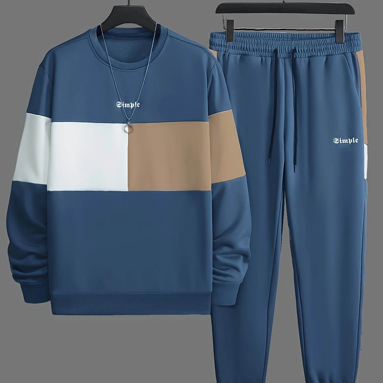 Men's Color Block Polyester Crew Neck Sweatshirt and Joggers Set for Spring and Fall