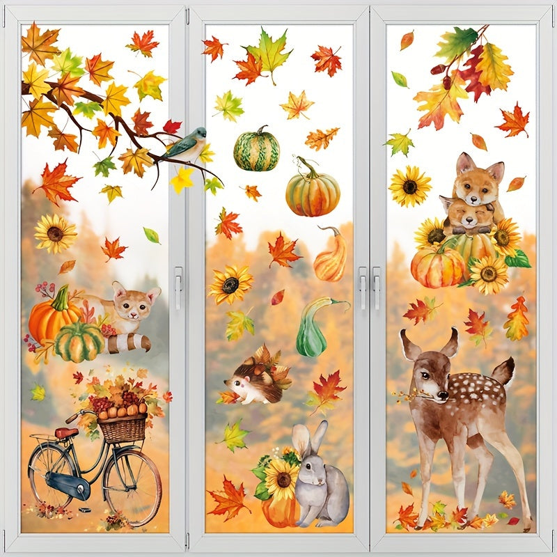 Gran conjunto de calcomanías para ventanas de otoño de 68 piezas con animales, calabazas y hojas de arce para la decoración de Acción de Gracias