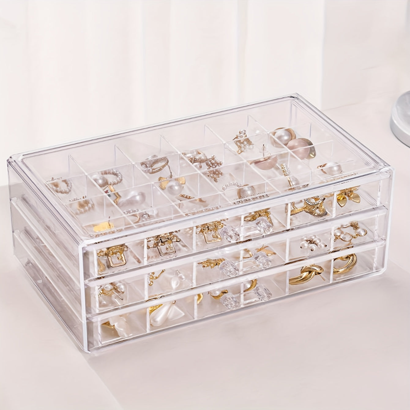 Large Capacity Jewelry Storage Box with 3 Layers and 72 Grids for Earrings and Necklaces